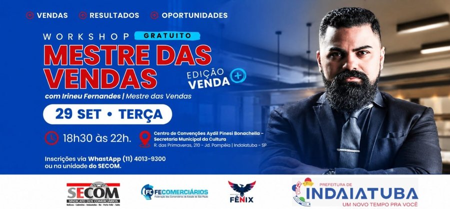 Workshop gratuito "Mestre das Vendas" será realizado em Indaiatuba no dia 29 de setembro