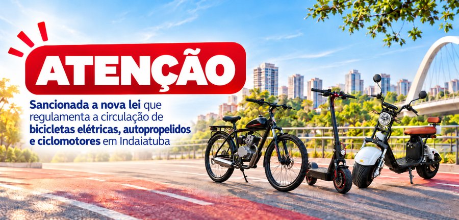 Arte gráfica institucional na horizontal com fundo de paisagem urbana em dia ensolarado. A imagem mostra uma rua pavimentada com uma faixa vermelha de ciclovia em primeiro plano. Sobre a faixa vermelha, estão três veículos elétricos alinhados lado a lado. No canto superior esquerdo, um grande balão de fala vermelho com bordas arredondadas e ícones de alerta no topo exibe a palavra "ATENÇÃO" em letras garrafais brancas. Abaixo do balão, um texto em azul escuro informa: "Sancionada a nova lei que