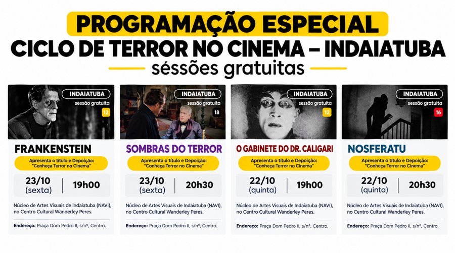 Indaiatuba terá duas noites de terror com sessões gratuitas de cinema nos dias 22 e 23 de outubro